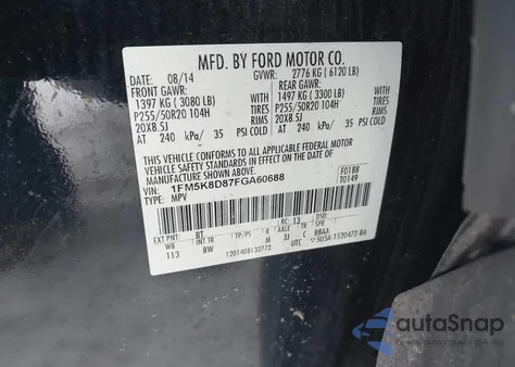 2015 Ford Explorer Xlt from USA, damaged, VIN 1FM5K8D87FGA60688